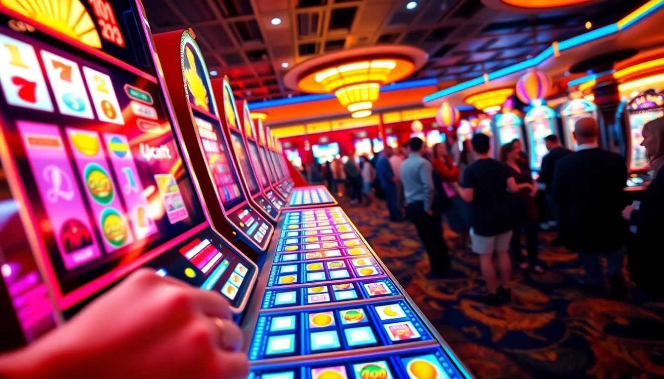 Slot Game menampilkan pengalaman bermain yang menyenangkan di kasino dengan mesin slot berwarna-warni.