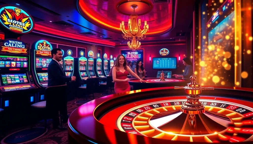 Players enjoying the Slots8 Link with vibrant slot machines and a roulette wheel.