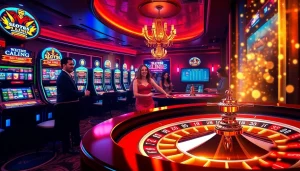 Players enjoying the Slots8 Link with vibrant slot machines and a roulette wheel.