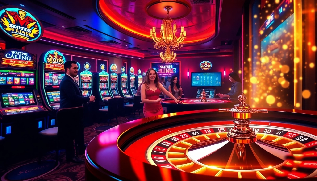 Players enjoying the Slots8 Link with vibrant slot machines and a roulette wheel.