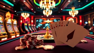 Engage with 7C77's vibrant online casino experience featuring roulette wheels and slot machines.