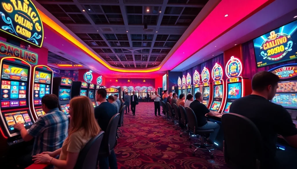 Exciting bolagacor online gambling scene with vibrant slot machines and enthusiastic players, showcasing a lively virtual casino atmosphere.