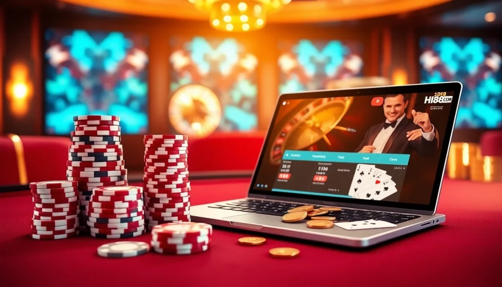 Engaging gameplay at Hi88.com featuring poker chips and a roulette wheel in an upscale casino setting.
