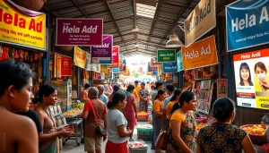 Vibrant marketplace scene promoting Hela Add services, lively atmosphere.
