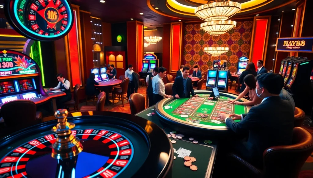 Experience thrilling action at Hay88's vibrant casino with roulette and poker gameplay.