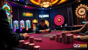 Players strategizing in a high-stakes poker game at QQ888 casino.