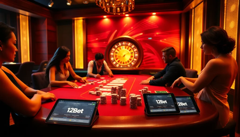 Players enjoying high-stakes poker at an elegant casino, linking to ink vao 12bet for online betting.