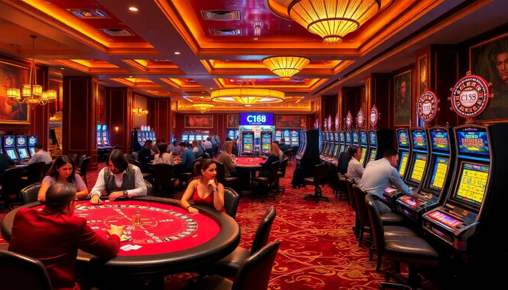 C168 sparkles at a luxury casino with players at poker tables and slot machines.