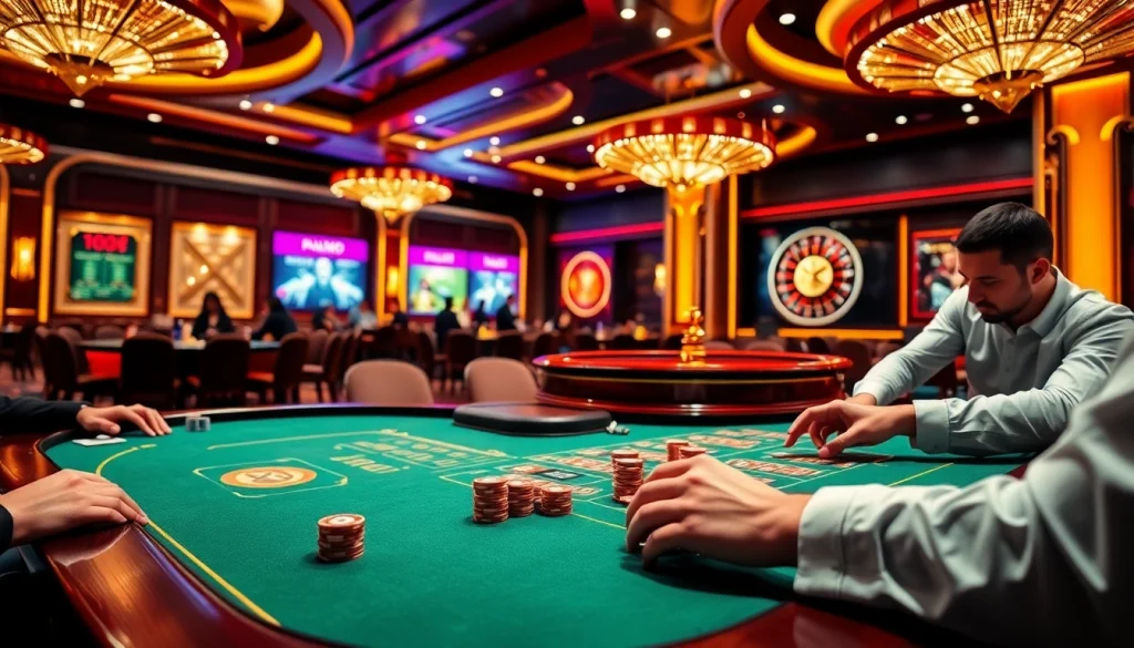 Players enjoying poker gameplay at MM88 HOW, showcasing casino excitement and vibrant atmosphere.