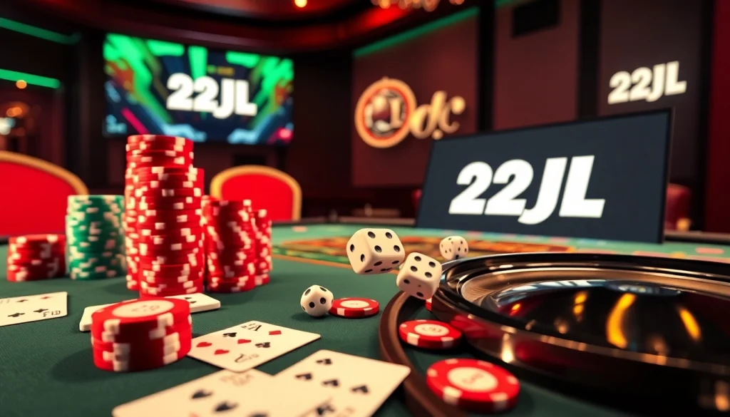 Experience thrilling gameplay at 22JL casino with vibrant poker chips and cards on a luxurious table.