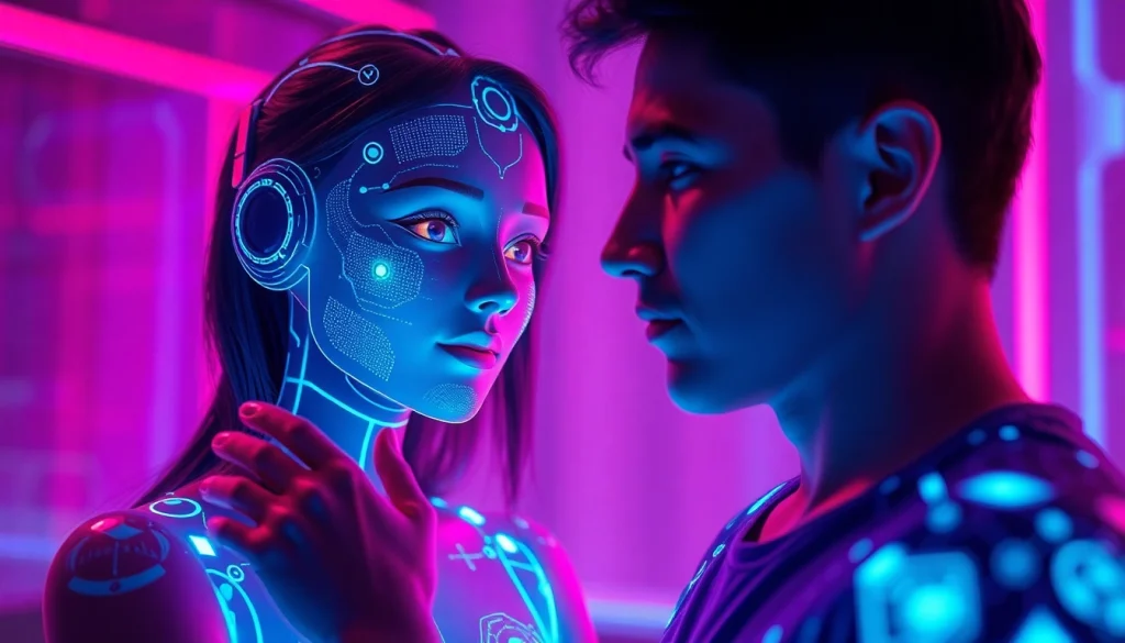 Engaging in a 'sex ai chat' experience with a holographic AI character in a futuristic setting.