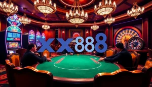 Players enjoying high-stakes poker at a luxurious xx88 casino table.