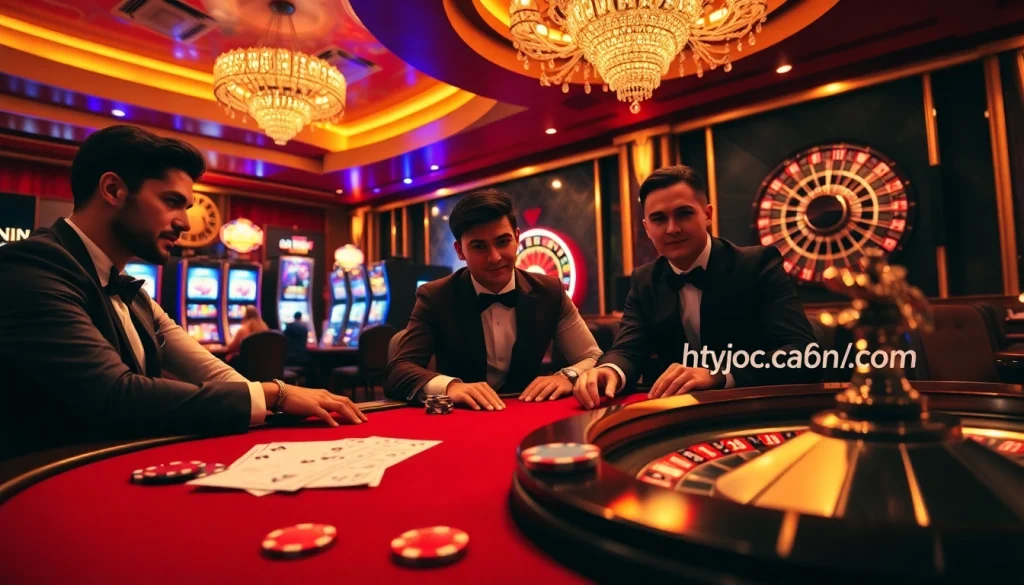 Players enjoying a thrilling poker game at a luxurious casino scene with https://kjc686.com/ branding.