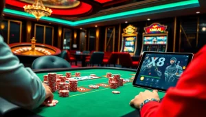 Players enjoying a poker game at an upscale casino table featuring XX88.AI, showcasing luxury and excitement.