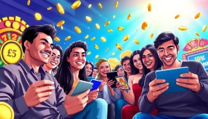 KODE4D link showcases diverse gamers enjoying online slot games surrounded by vibrant symbols of luck and success.