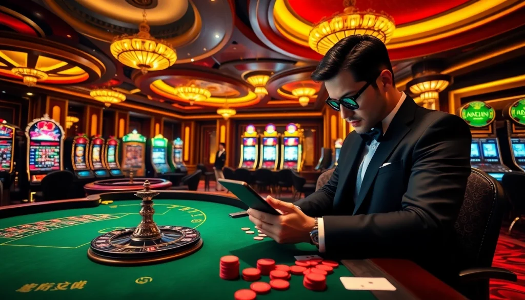 Engaging gambling scene with casino tables analyzing data china trends in a luxurious setting.