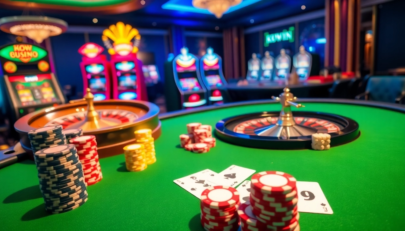Exciting casino scene featuring a poker table and roulette wheel at https://kuwinblog.com/ for immersive gambling.