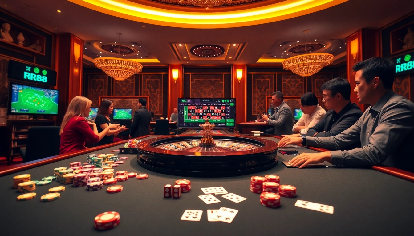 Engage with exciting games at RR88, featuring vibrant casino tables and poker action.
