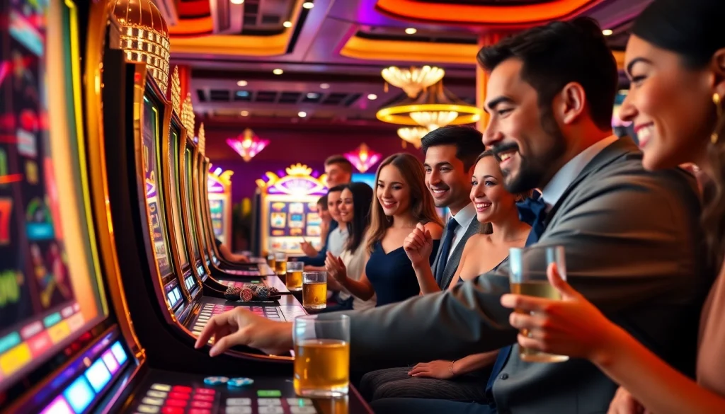 Engaged players enjoying their experience with bk8 สล็อต at a vibrant casino setting.