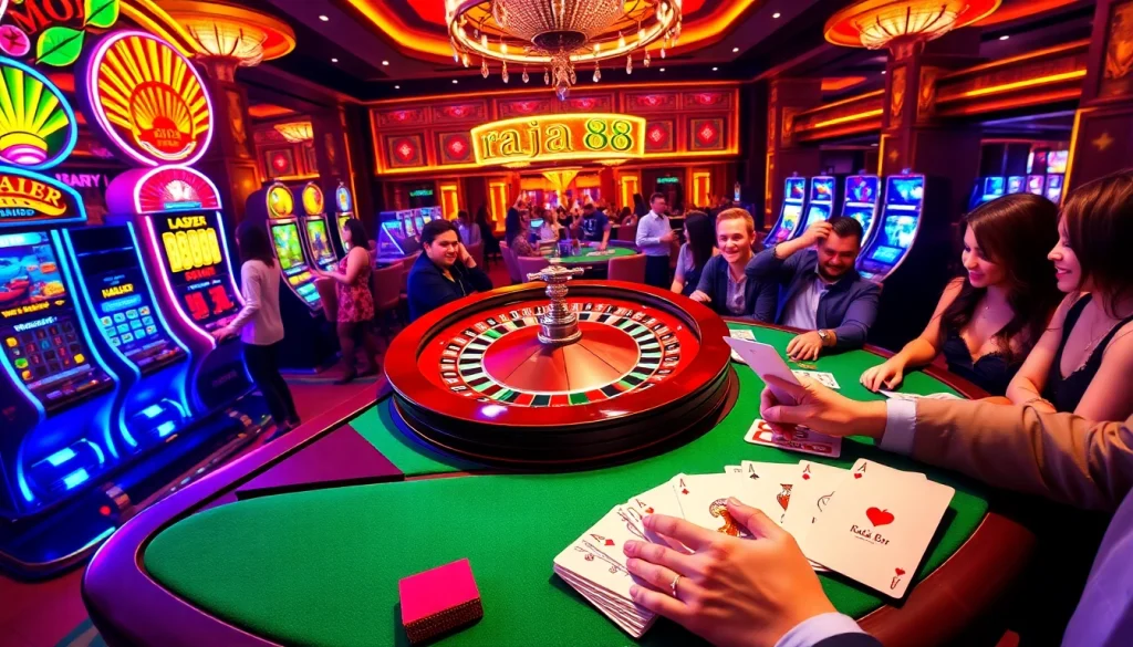 Players eagerly engaging in a thrilling game at raja 88 casino, showcasing excitement and winnings.