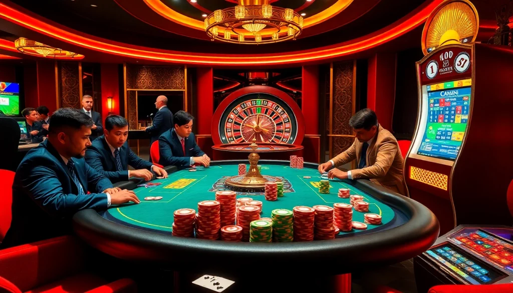 Players engage in intense poker action at Man 88's luxury casino table, surrounded by vibrant chips and lighting.