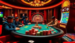 Players engage in intense poker action at Man 88's luxury casino table, surrounded by vibrant chips and lighting.