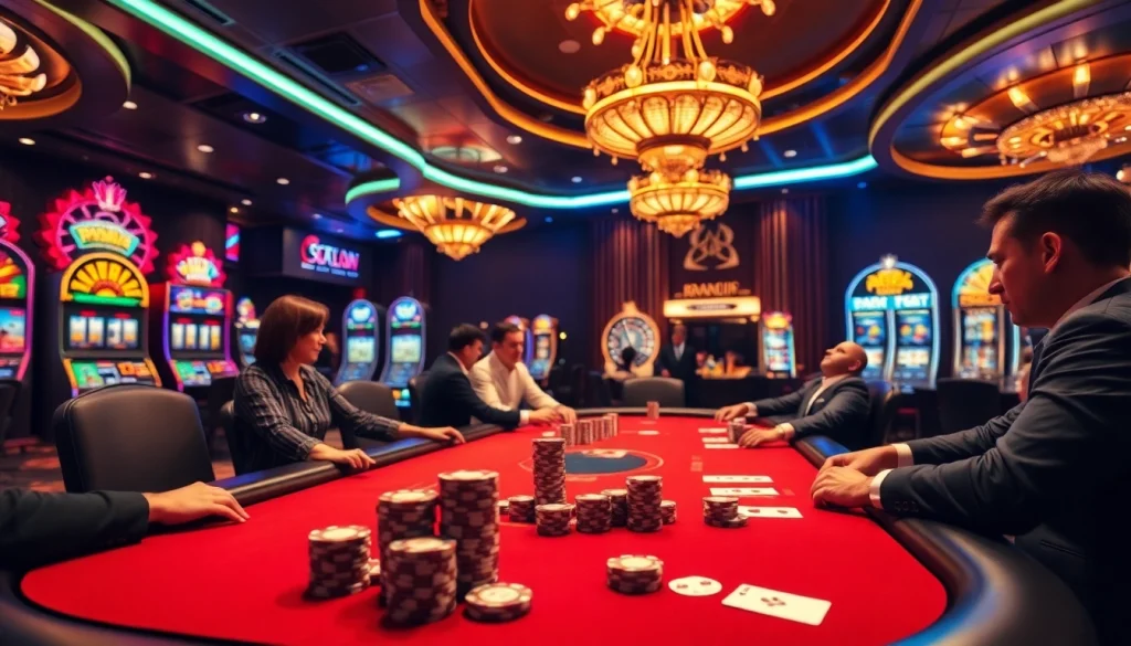 Crown88 casino scene showcasing poker and slot machines with vibrant chips and cards.