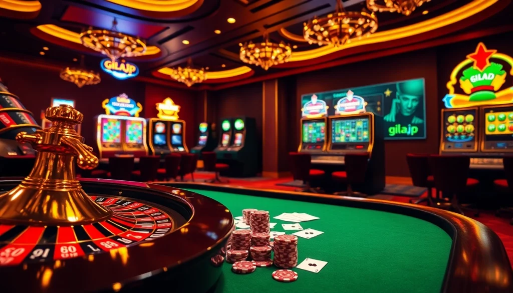 Gambling action featuring roulette wheel and poker chips at gilajp casino.