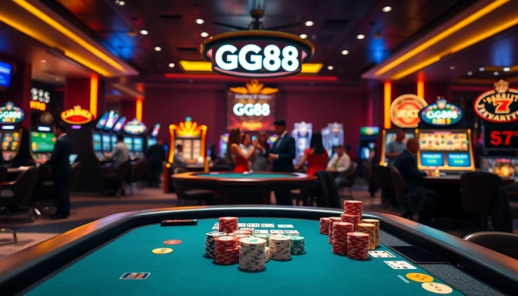 Exciting GG88 casino scene with poker tables, colorful chips, and dynamic gambling action.