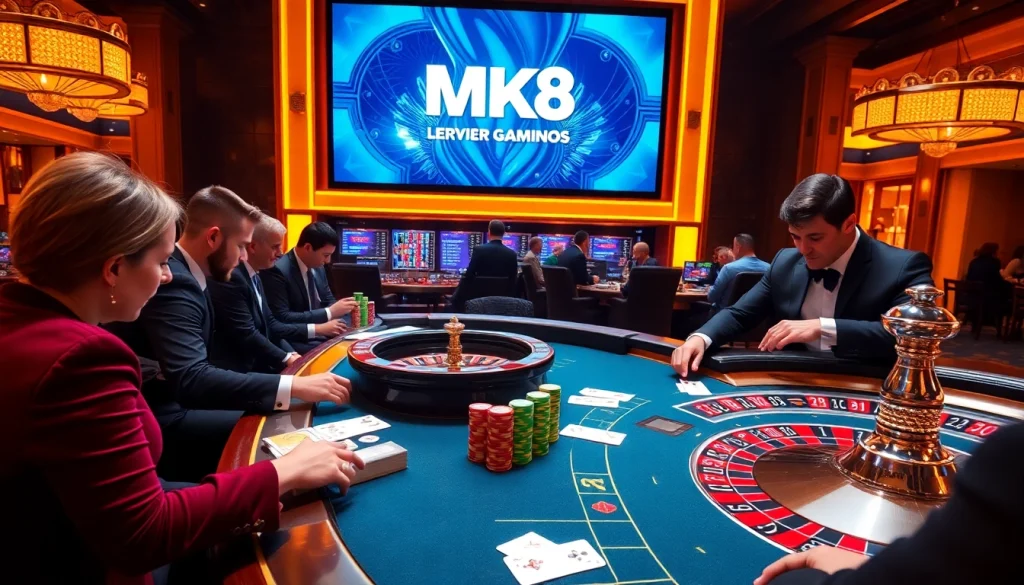 Players engage in high-stakes poker and roulette, embodying the MK8 gambling excitement in a luxurious casino setting.