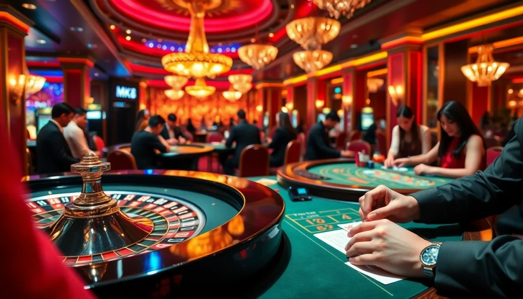 A vibrant MK8 casino experience showcasing players actively engaging in roulette and poker games, highlighting excitement.