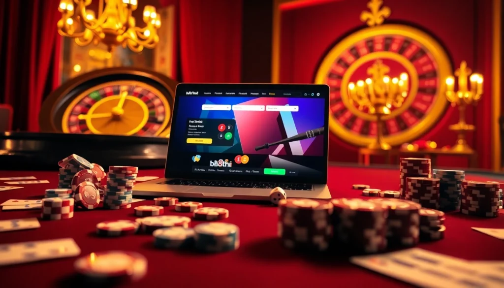Experience the thrill of online gambling at bk8thai, with a vibrant casino atmosphere featuring poker chips and a roulette wheel.