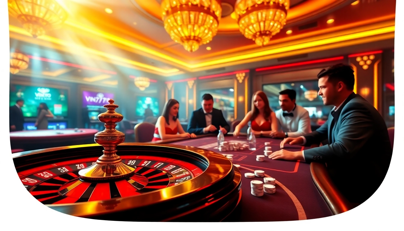 Experience thrilling moments at Vin777's casino tables with poker chips and roulette.