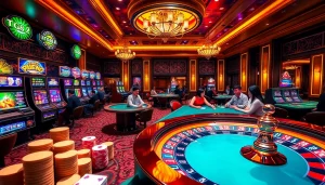 Experience the thrill of tg88 đăng nhập with high-stakes games in a luxurious casino atmosphere, featuring vibrant slot machines and poker tables.