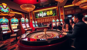 Players celebrating wins at raja 88 casino with vibrant slot machines and roulette tables.
