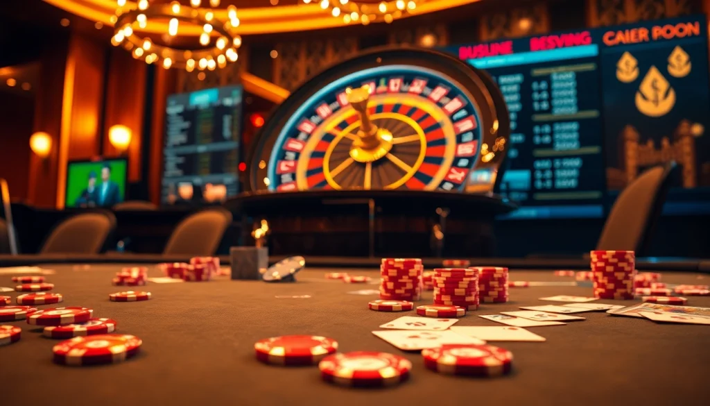 צ'יפים של Stake מסודרים על שולחן פוקר בהימור גבוה עם גלגל רולטה מסתובב ברקע.