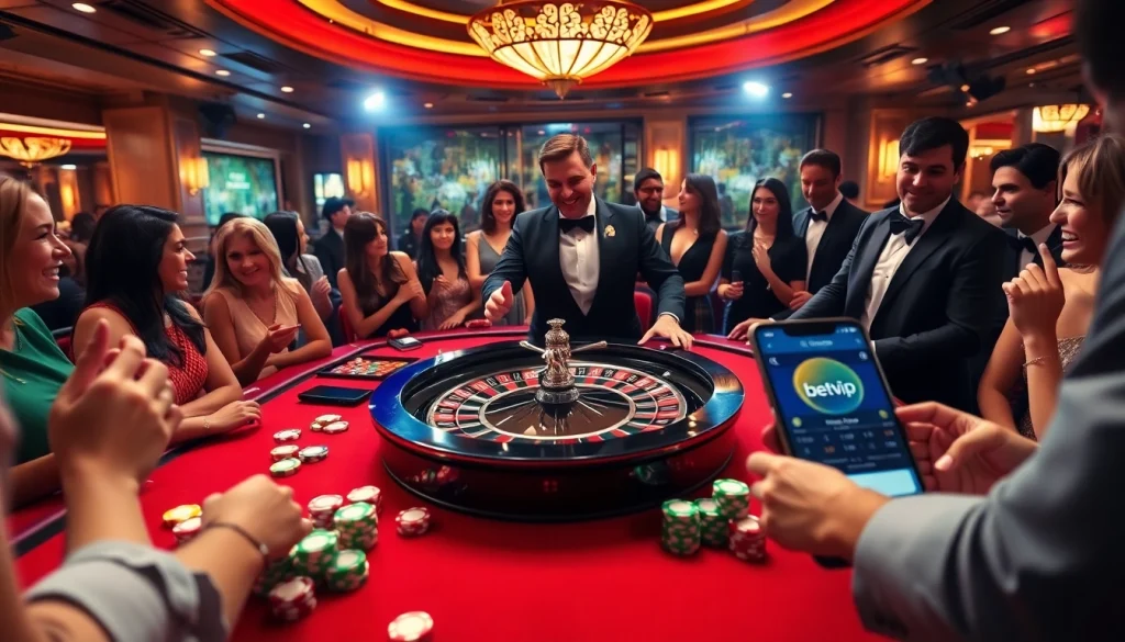Người chơi trải nghiệm cảm giác hồi hộp cùng ứng dụng BetVIP tại một bàn casino nhộn nhịp.