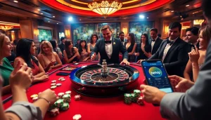 Người chơi trải nghiệm cảm giác hồi hộp cùng ứng dụng BetVIP tại một bàn casino nhộn nhịp.