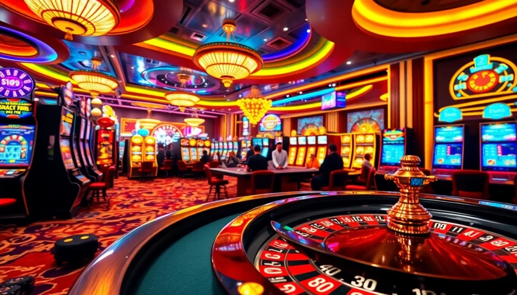 Engaged players at a casino with vibrant machines, highlighting fun experiences at https://c168.it.com.