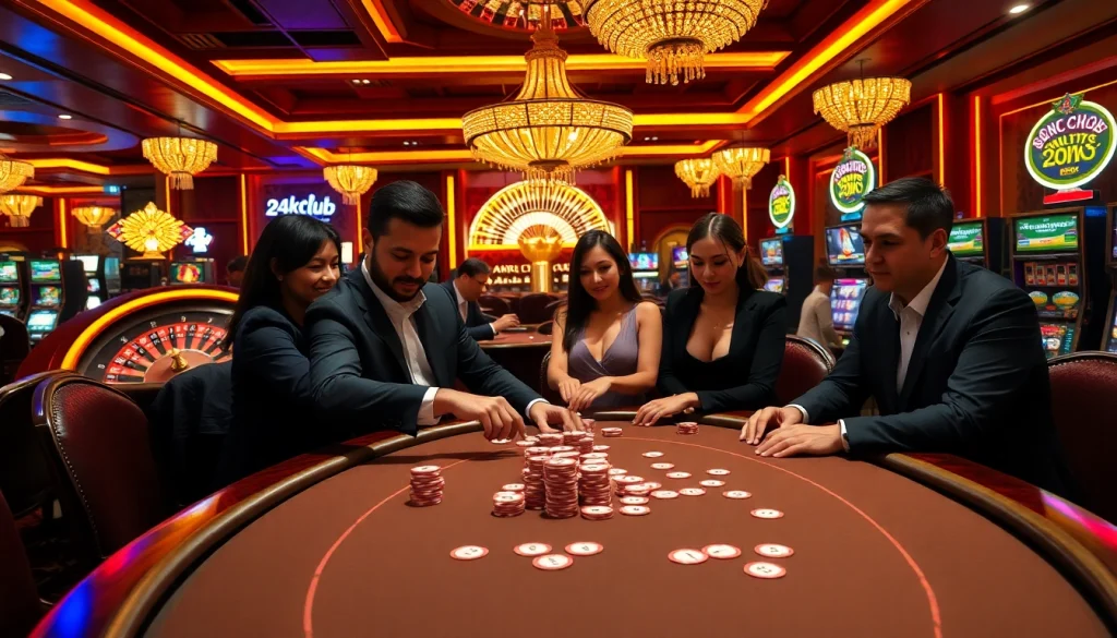Người chơi hào hứng tại bàn poker sang trọng của 24kclub giữa bầu không khí casino sôi động.
