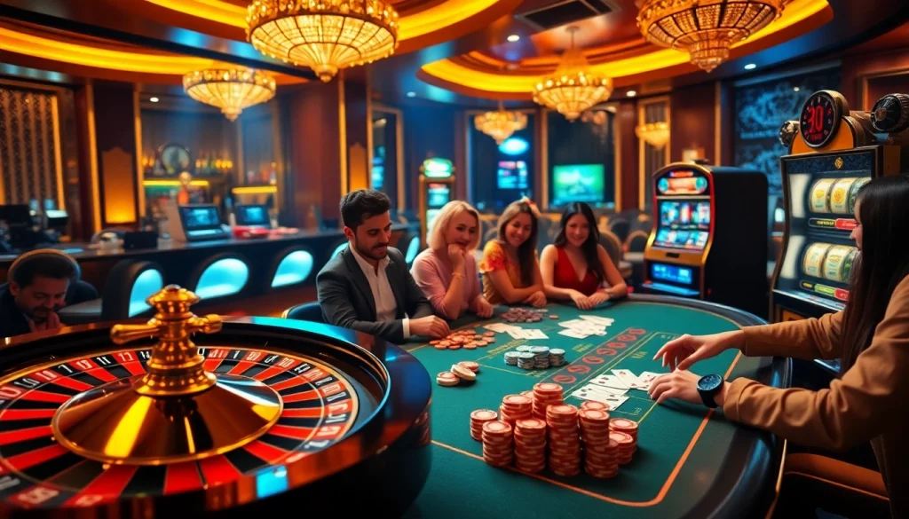 Exciting gambling scene at https://mm88.directory/ featuring casino tables, roulette wheel, and poker players.