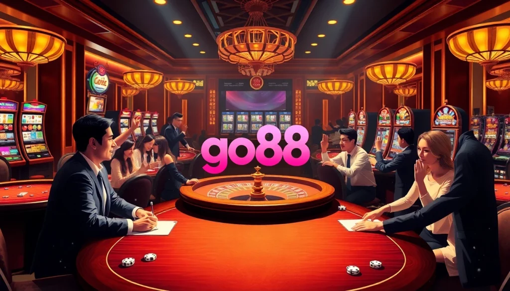 Players enjoying thrilling games at the go88 casino, surrounded by vibrant slot machines and elegant decor.