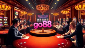 Players enjoying thrilling games at the go88 casino, surrounded by vibrant slot machines and elegant decor.