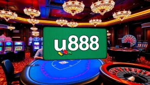 Engaging players at a u888 poker table with vibrant casino atmosphere and luxury details.