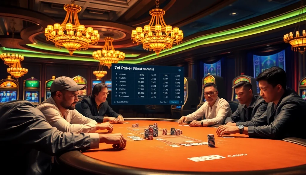 Experience the thrill of 7xl סוכן at a high-stakes poker table with vibrant casino elements.