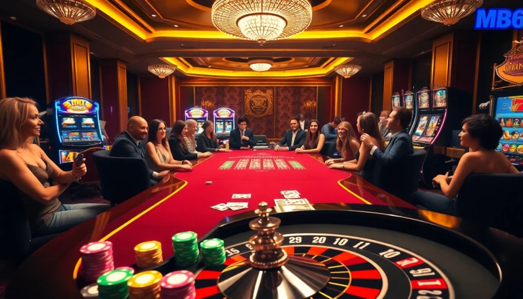 Excited players at an MB66 poker table with vibrant chips and luxurious ambiance.