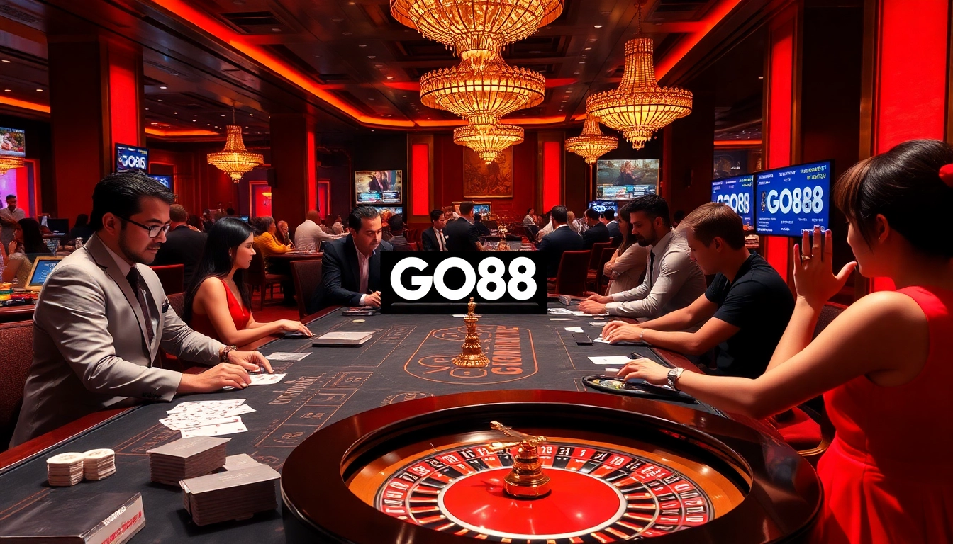 Gamblers enjoying the excitement of GO88's vibrant casino atmosphere with live dealers.