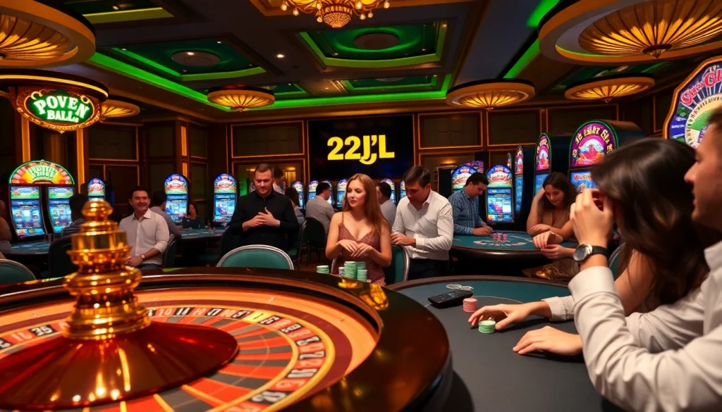 Players enjoying games at the vibrant 22JL casino, featuring poker chips and roulette.