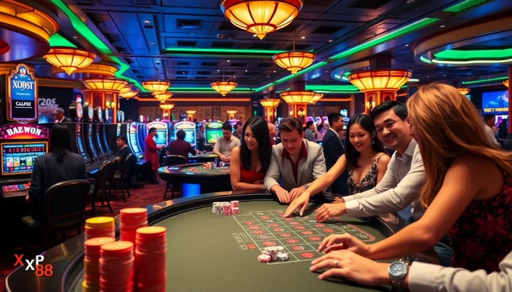 Players enjoy high-stakes poker at a luxurious casino featuring the gaming excitement of XX88.