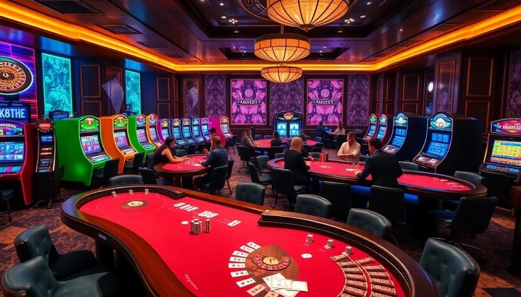 Players enjoying an exciting game experience at BK8TH casino tables, showcasing poker and slot machines.